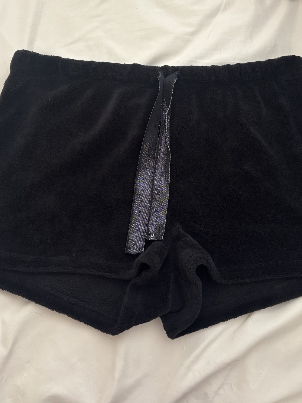 Plush Black Women's Lounge Shorts with Shimmer Drawstring